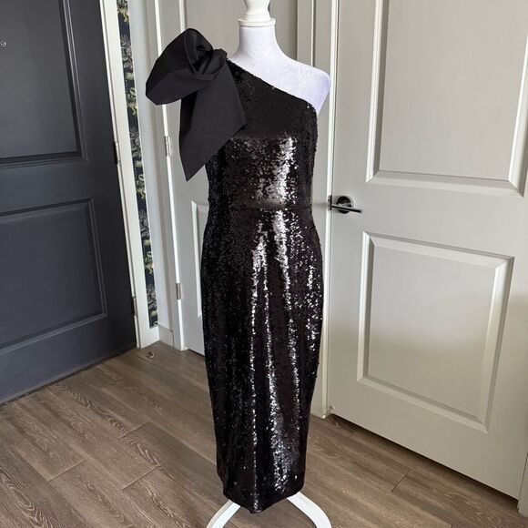 Veronica Beard Bader One Shoulder Black Sequins Midi Dress Size 8 - Picture 1 of 12